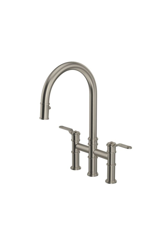 Rohl U.4549HT-STN-2 Perrin Rowe Armstrong Pull Down Bridge Kitchen Faucet with C-Spout in Polished Chrome